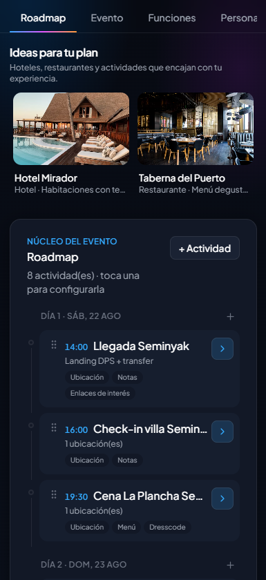 Pantalla de miliun para organizar el plan del grupo: momentos, retos y mapa